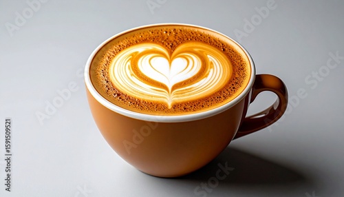 view of a cream white coffee with latte art heart in a golden cup on white background.