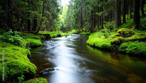 Serene forest stream with lush green surroundings.