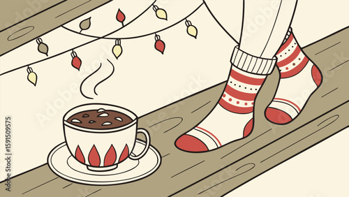 Cozy Christmas scene:  Warm cocoa in a festive mug, paired with red and white striped socks resting on a rustic wooden surface, adorned with charming string lights.