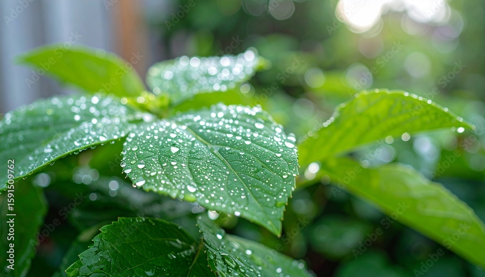 Close-up of leaves with morning dew droplets. Close-up of leaves with morning dew droplets.