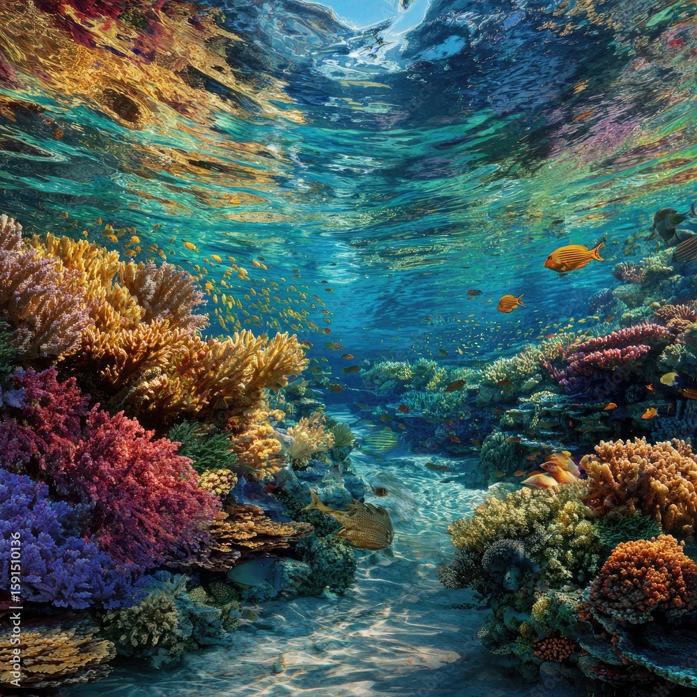 Naklejka premium Underwater coral reef teeming with fish