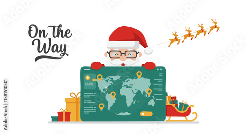 Santa Claus with delivery hologram flat vector icon on white