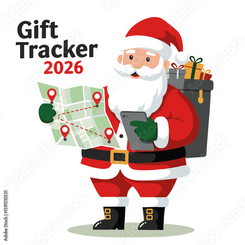 Santa tracking map on tablet flat vector icon red green on white