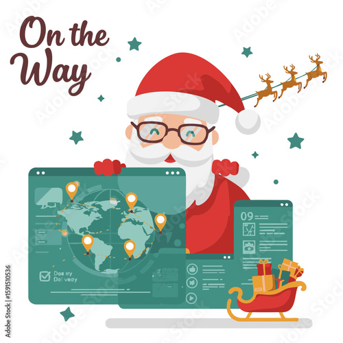 Santa Claus with delivery hologram flat vector icon on white