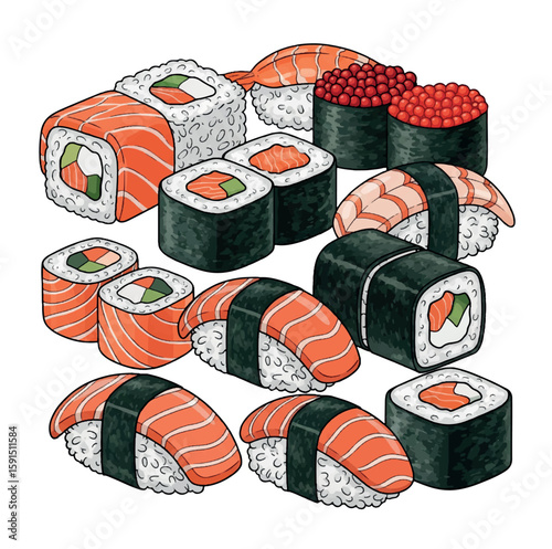 illustration, food, sushi, drawing, rice, japanese, delicious, cuisine, seafood, roll, cartoon, design, salmon, tasty, isolated, art, fish, vector, graphic, cute, meal, asian, icon, seaweed, image, 
