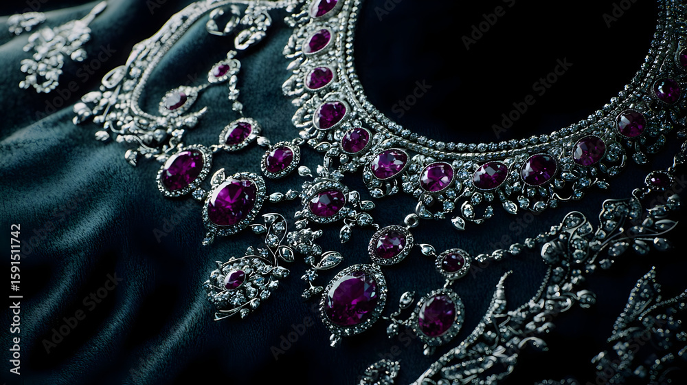 Obraz premium Luxurious necklace with intricate design, featuring large, deep purple gemstones and detailed silver filigree. Dark backdrop accentuates the piece