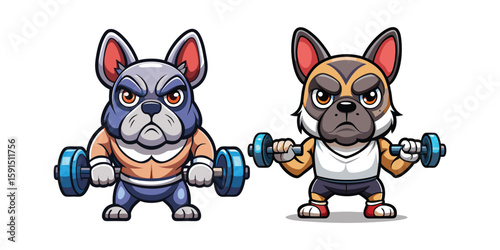 Vector French Bulldog lifting tiny dumbbells with determined face, sweating hard, fitness motivation illustration, cute strong dog workout, gym pet cartoon, healthy lifestyle design.