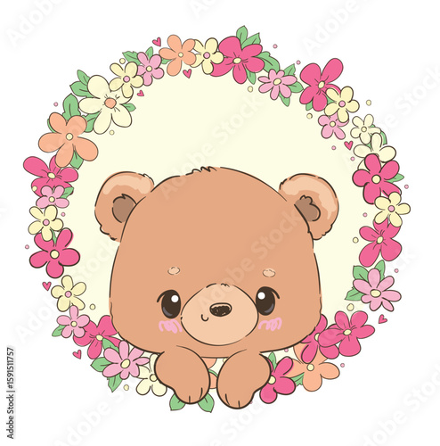 Cute teddy bear and little flowers vector hand drawn illustration cute print design for kids 