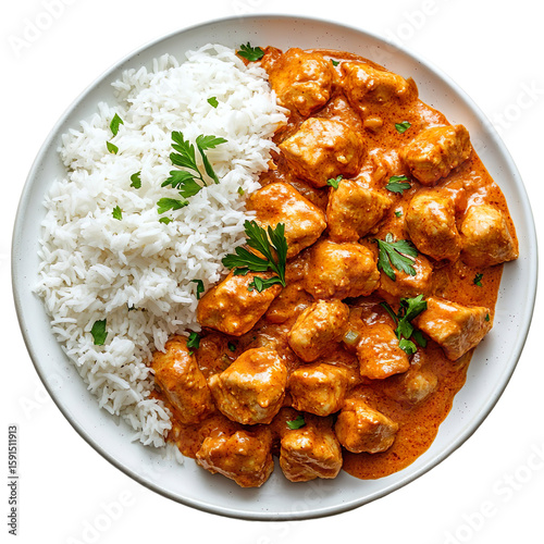 Butter chicken with white rice isolated on transparent background