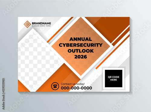 annual cyber security outlook 2026 template banner. brown gradient diagonal element and space for photo. isolated white background.