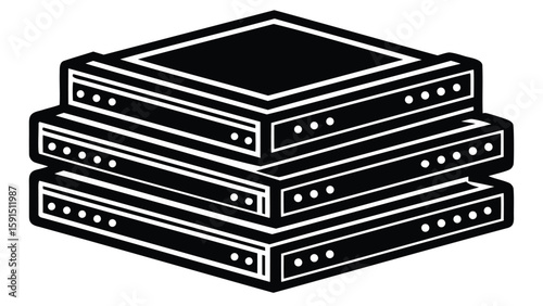 Stacked black and white isometric servers with multiple ports and a square top panel design element