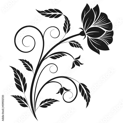 Black and white floral design with decorative flowers and leaves in artistic silhouette style