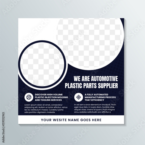 wa are automotive plastic parts solutions post template for social media banner or promotion material others. transparency dot cicle halftone pattern. combination dark blue and white colors. 