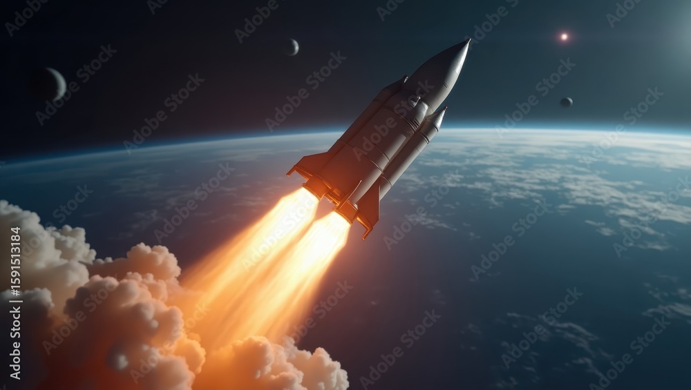 Fototapeta premium Rocket launching into space, surrounded by clouds.