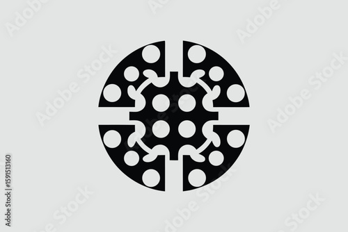 A black and white illustration of a stylized pizza with missing slices, the pizza is covered in white dots, on a gray background