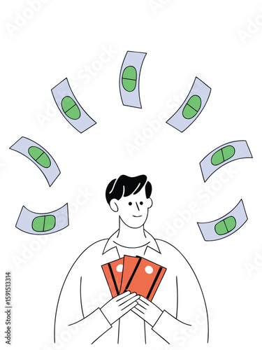 A man with multiple credit cards and dollar bills spread out, isolated on white