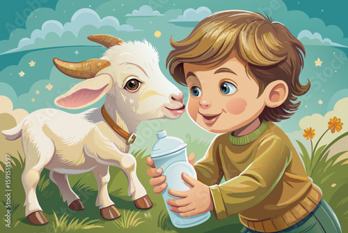 Boy bottle-feeding a baby goat — face full of love and kindness