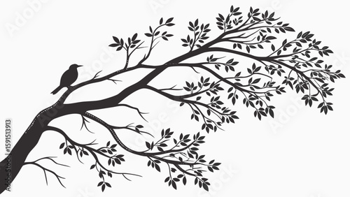 A serene silhouette of a bird perched on a leafy branch against a minimalist backdrop.