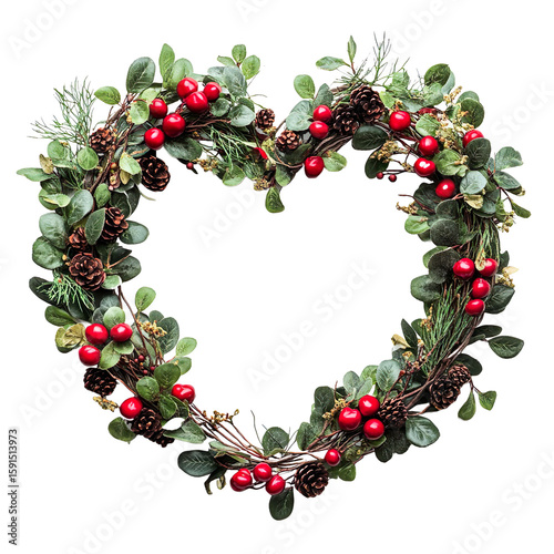 Heart shaped wreath with red berries isolated on transparent background