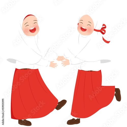 Two Muslim Schoolgirl Friends Playing Together Cartoon Illustration
