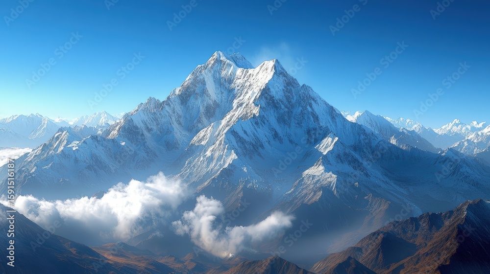 Obraz premium Majestic Snow-Capped Mountain Peak Surrounded by Clear Blue Sky and Fluffy Clouds in the Himalayas During Bright Sunny Day