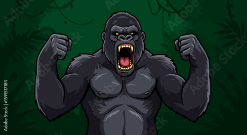 A roaring gorilla with flexed arms against a junglethemed green backdrop