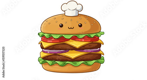 Cartoon burger with chef hat lettuce tomato onion cheese and two meat patties