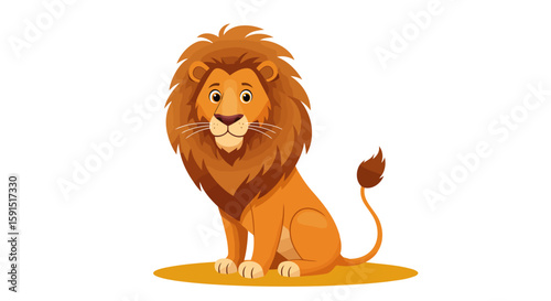 Cartoon lion sits orange fur furry mane tail with tuft friendly expression