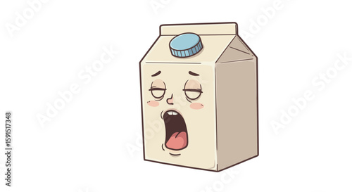 Cartoonstyle milk carton with a sleepy yawning face and a blue cap isolated on a white background