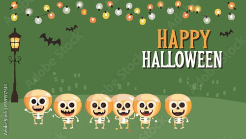 Happy halloween scene with cartoon skeletons, bats, string lights, and a vintage street lamp post in green
