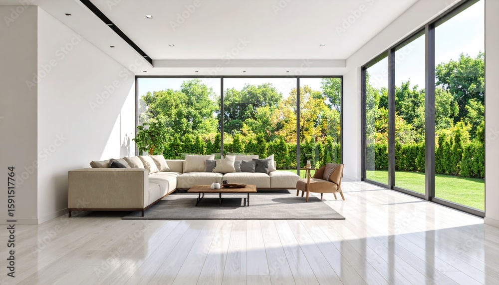 Fototapeta premium Modern living room with large windows overlooking a garden