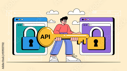 developer holding an api key to connect two applications vector illustration, api integration, system communication and software development