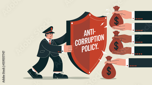 compliance officer with a policy shield blocking bribery vector illustration, anti-corruption, business ethics, and corporate governance
