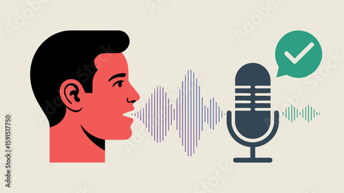 man speaking into a microphone with a sound wave vector illustration, a voice-activated ai assistant, speech recognition technology and voice command processing