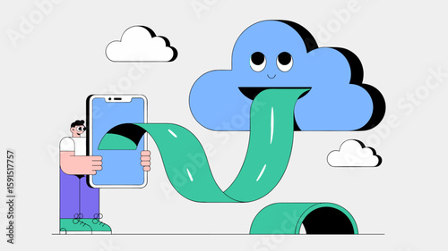 user uploading data from smartphone to cloud storage vector illustration, cloud computing, data syncing and mobile backup services