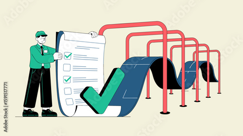 compliance officer with checklist on production line vector illustration, regulatory adherence, quality control standards and process verification