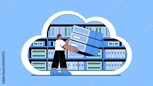 it specialist organizing data blocks in a cloud-shaped warehouse vector illustration, cloud data warehousing, big data management and information architecture
