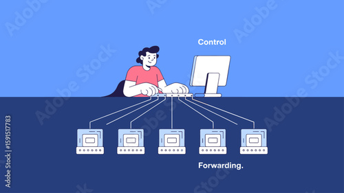 network engineer at a control plane managing forwarding plane devices vector illustration, centralized network management and system administration