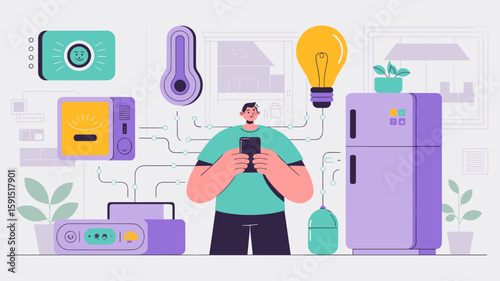 homeowner controlling smart home appliances with a smartphone vector illustration, the internet of things, home automation technology and device connectivity