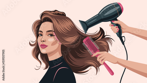 hairstylist using blow dryer and brush on a woman's hair vector illustration, beauty salon service and haircare treatment