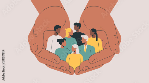 large hands holding a diverse group of people vector illustration, community protection, social care, and diversity and inclusion support