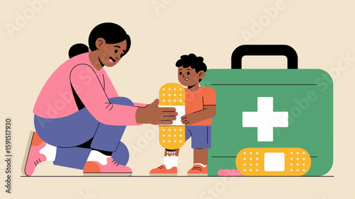 mother giving a band-aid to her child, vector illustration for first aid, child safety and parental care