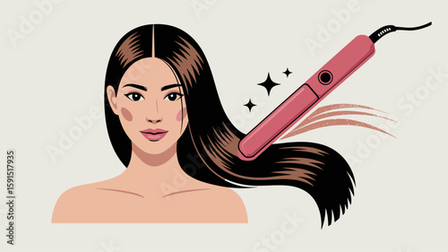 woman straightening hair with a flat iron vector illustration, hair styling, beauty treatment and salon services