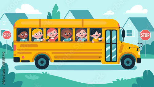 diverse group of happy children on a yellow school bus vector illustration, student transportation and diversity in education