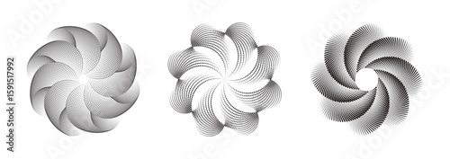 Vortex forms, abstract halftone dot pattern series, a geometric spiral stylish design elements, well-suited for framing, circular icons, signage, and symbols.