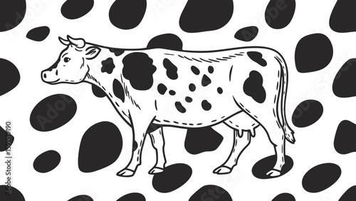 A stylized illustration of a dairy cow against a playful spotted background.