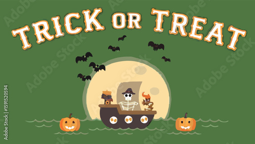 Trick or treat scene with skeleton on boat under moon and bats in the green night sky view