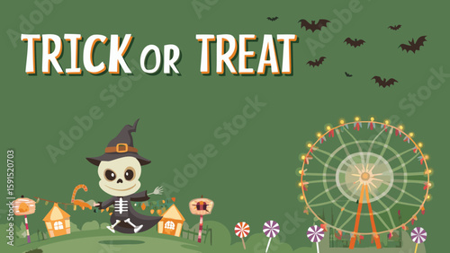 Halloween scene with skeleton witch, ferris wheel, bats, and trick or treat text in green background