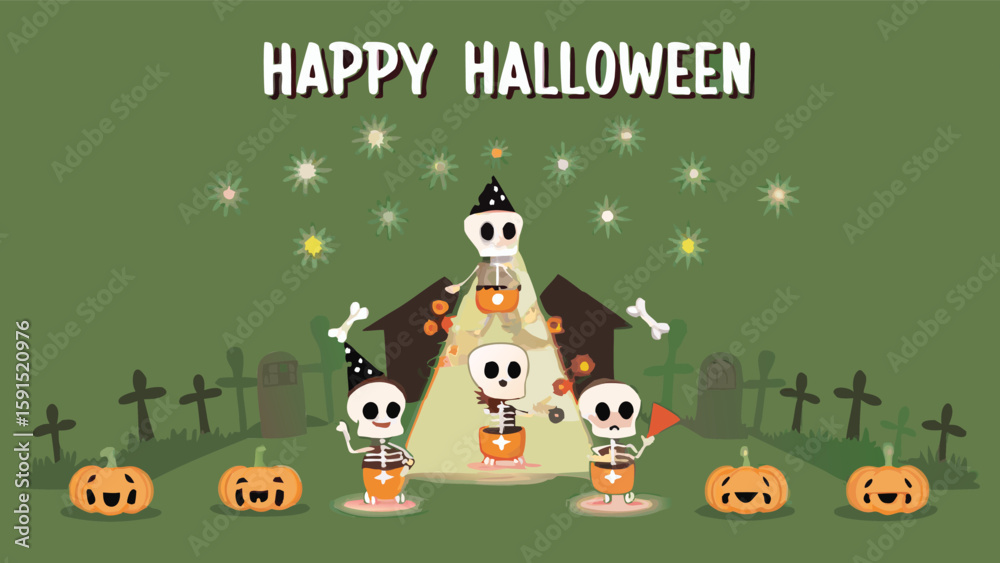 Fototapeta premium Cartoon halloween scene featuring skeletons, pumpkins, tombstones and a haunted house with stars