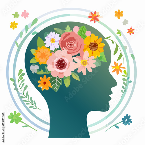Floral Head A Colorful Silhouette of a Person's Head Filled with Blooming Flowers
